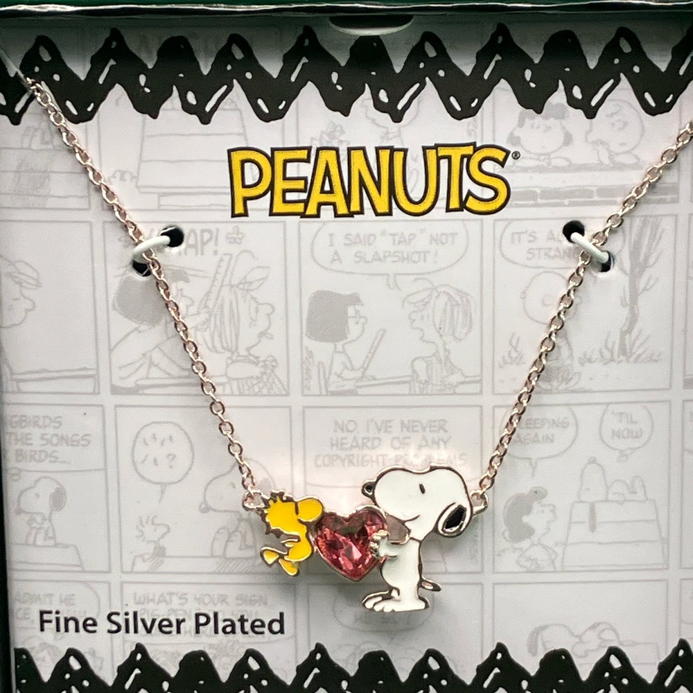 Peanuts Silver Plated Snoopy & Woodstock Necklace with Pink Heart Crystal